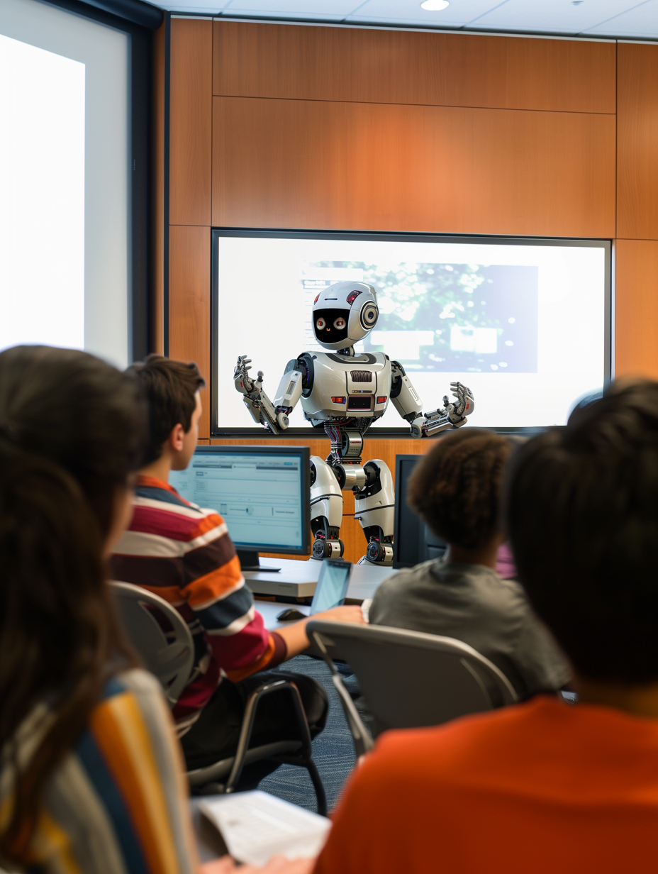 Inteliagentes: Foto realista robot colaborando con estudiantes en un salon de clases